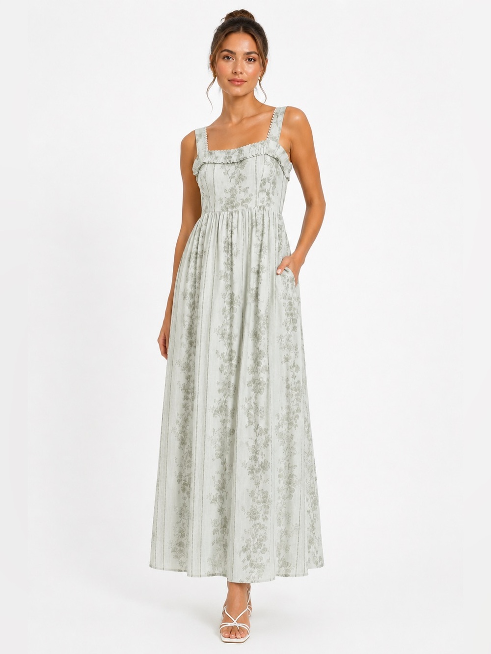 Feminine 🌱 Square-Neck Floral Midi Dress in Light Sage